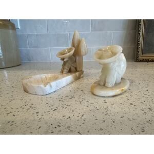 Pair Vintage Alabaster Stone Mexican Folk Art Figures Hats Incense Trinket Dish